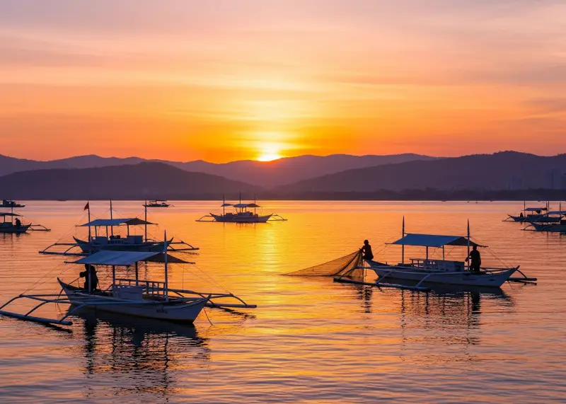 Sunset over Pagadian Bay with fishing boats and hills in the background.