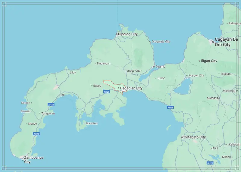 Map of Pagadian City in Zamboanga del Sur, Philippines showing its coastal location and nearby towns.