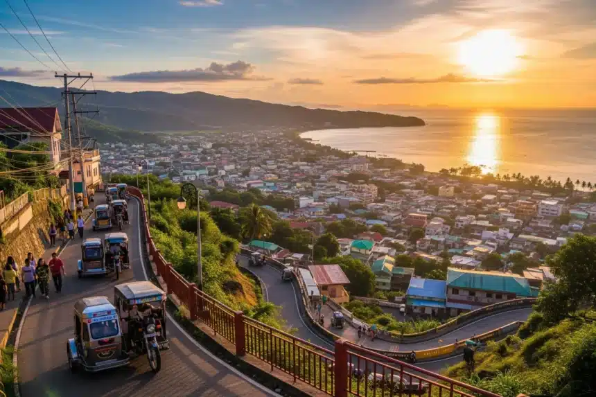 pagadian city travel guide Pagadian City, Philippines, showcasing its steep hillside streets with the iconic inclined tricycles climbing up.
