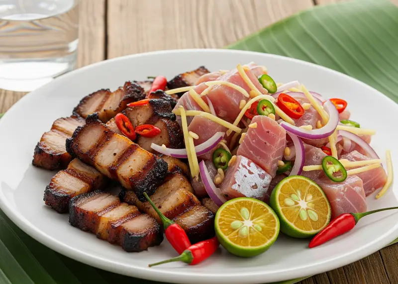 Sinuglaw dish with grilled pork, vinegar-cured fish, calamansi, and chili on a wooden table.