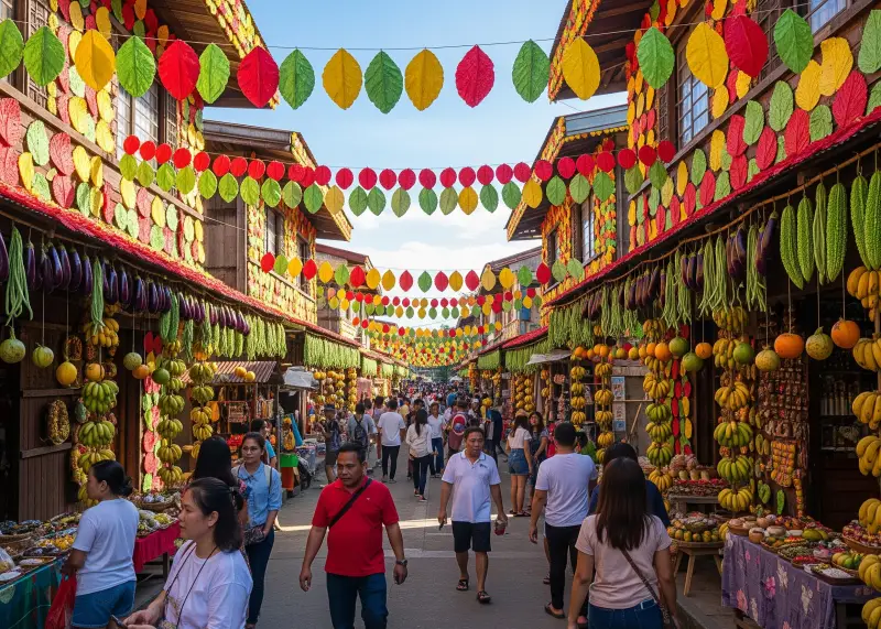 Lucban houses decorated with colorful kiping wafers and produce for Pahiyas Festival.