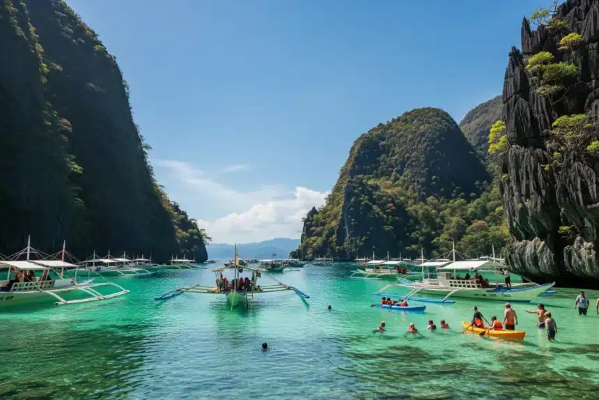 Boats floating in El Nido’s turquoise lagoon with limestone cliffs in the background.