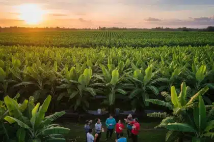 A close-up shot of a large, freshly harvested bunch of green Cavendish bananas, with the lush, green background of a Panabo plantation.
