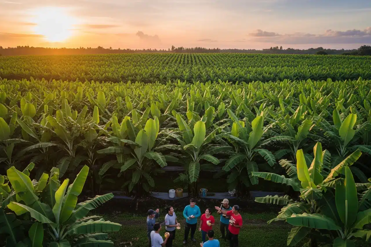 A close-up shot of a large, freshly harvested bunch of green Cavendish bananas, with the lush, green background of a Panabo plantation.