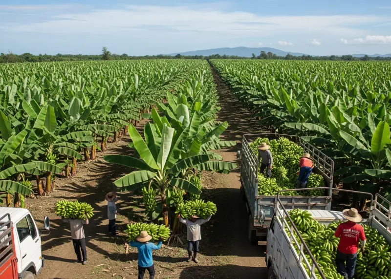 Banana plantation in Panabo City with workers harvesting bananas.