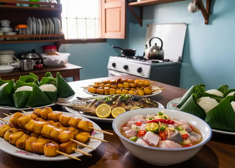Traditional Filipino dishes from Panabo including tilapia, banana cue, kinilaw, and rice.
