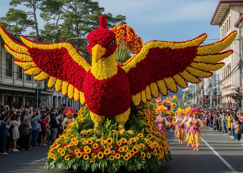 Floral float decorated with sunflowers and roses at Baguio’s Panagbenga Festival.