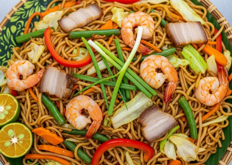 Pancit canton noodles with shrimp, vegetables, and calamansi.