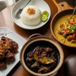 Three regional Filipino adobo variations served on a dining table — classic soy-vinegar adobo, creamy adobo sa gata with chilies, and dry garlicky Batangas adobo.