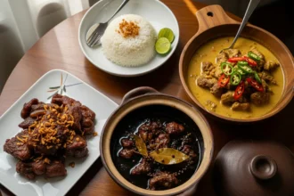 Three regional Filipino adobo variations served on a dining table — classic soy-vinegar adobo, creamy adobo sa gata with chilies, and dry garlicky Batangas adobo.