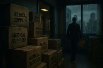 Government office with unopened medical supply boxes and a blurred figure leaving with an envelope, symbolizing corruption.