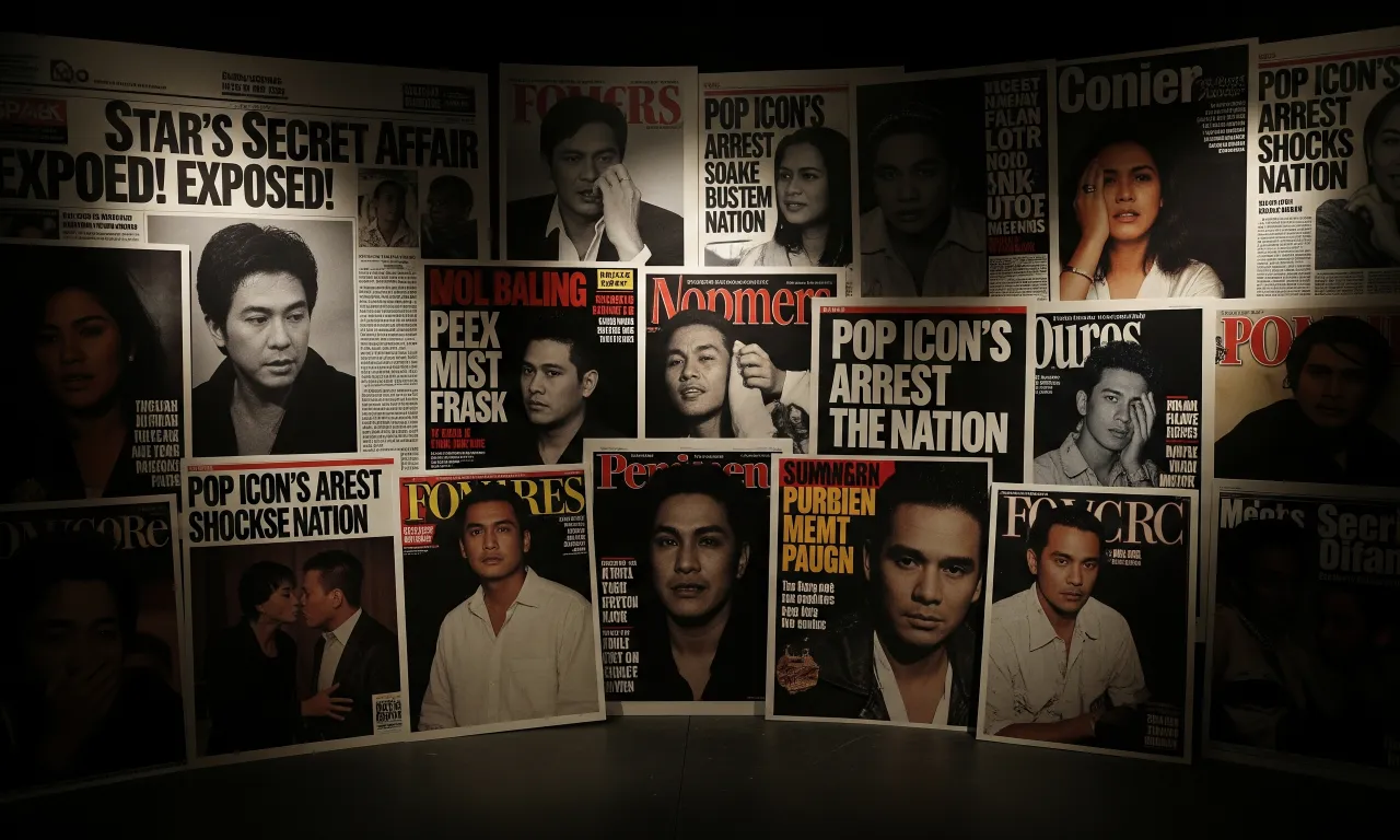 A dramatic collage of Filipino celebrity scandal headlines, representing the biggest showbiz scandals in Philippine history.