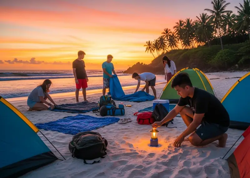 Backpackers camping with tents on a beach in the Philippines.