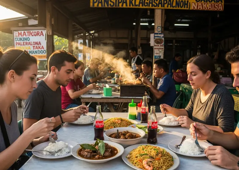 Travelers enjoying rice meals at a roadside carinderia in the Philippines.