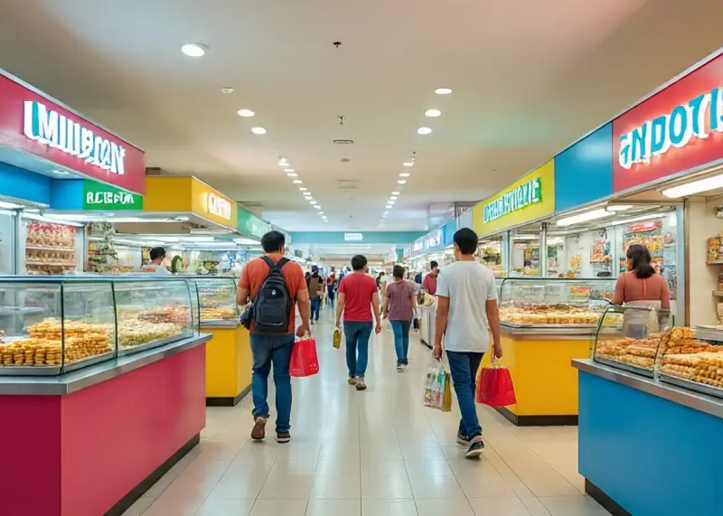 Small franchise kiosks for waffles, burgers, and milk tea inside a Filipino shopping mall.