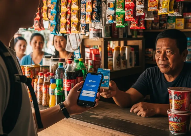 Traveler paying at a sari-sari store using GCash in the Philippines.