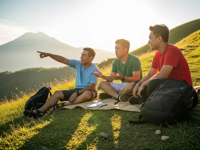 Filipino friends sitting on a trail, chatting and laughing about planning their first hike.
