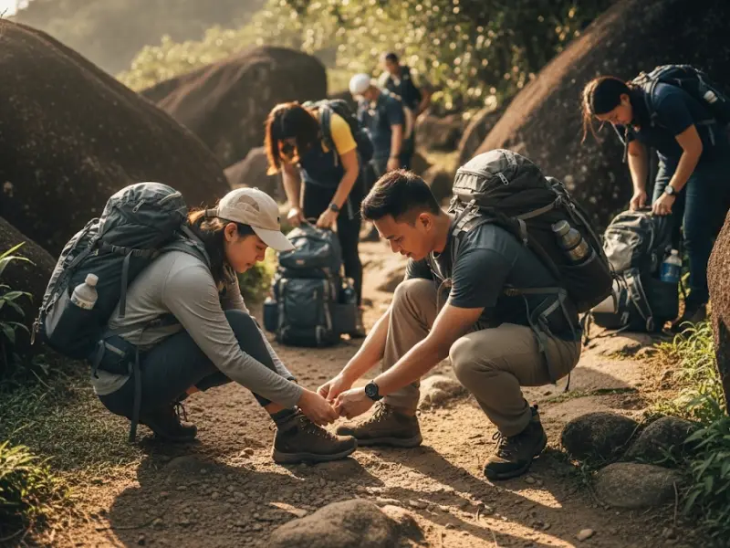 Filipino hikers helping each other on a trail while checking gear.