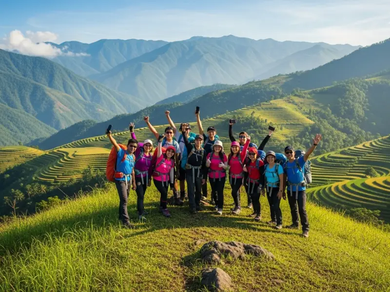 Filipino hikers on a grassy ridge overlooking rice terraces and mountains.