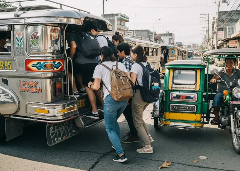 Backpackers riding a jeepney and tricycle in a Philippine town.
