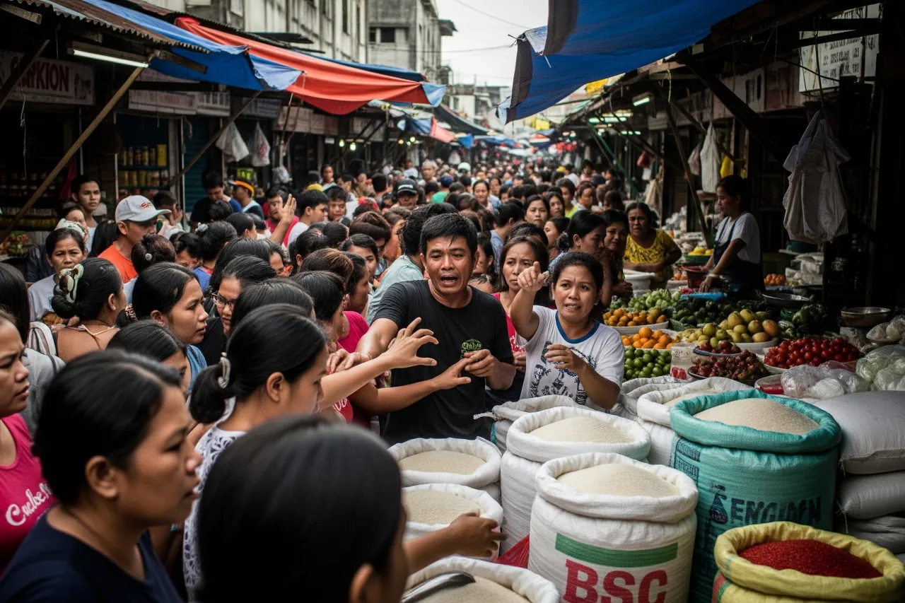 A chaotic market scene in the Philippines with people desperately trying to buy rice from an empty stall, illustrating the social panic of a rice shortage.