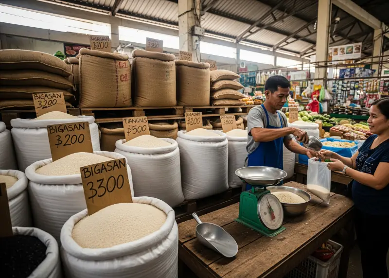 Simple rice retail store inside a local market with sacks of rice and a weighing scale.