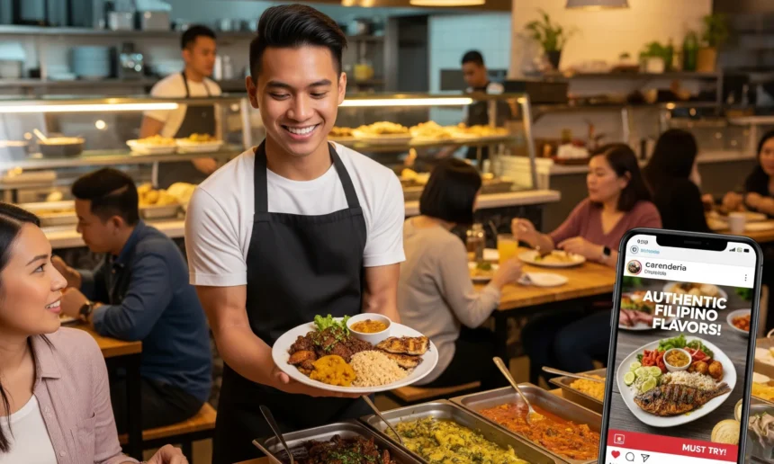 A Filipino entrepreneur proudly presenting homemade food in a kitchen, symbolizing the start of a small food business.