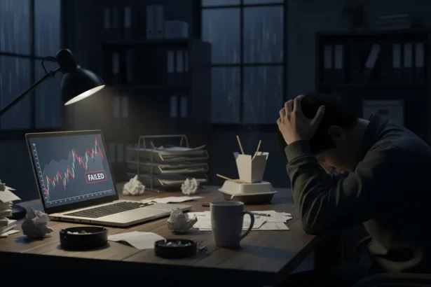 A person looking defeated in a dark office, symbolizing a failed startup in the Philippines.