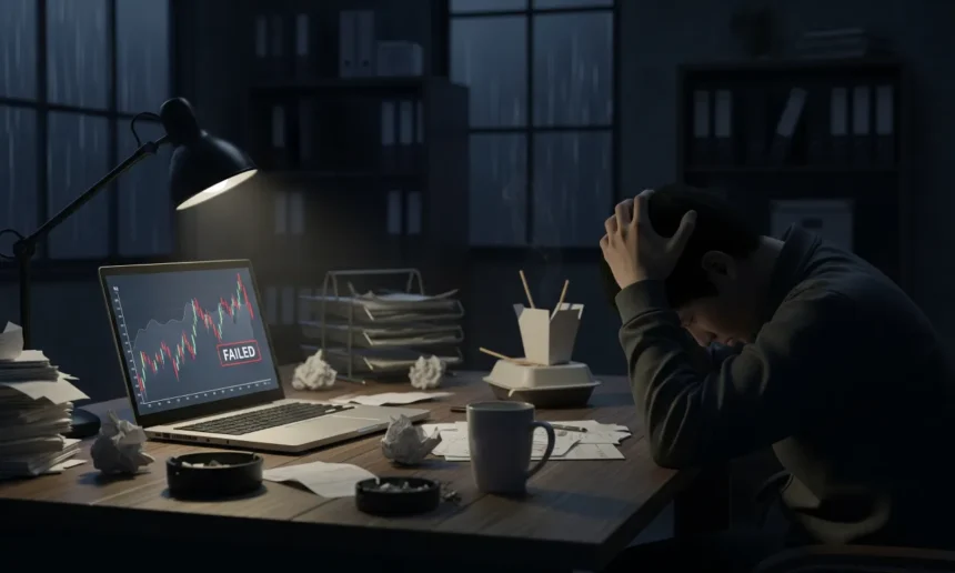 A person looking defeated in a dark office, symbolizing a failed startup in the Philippines.