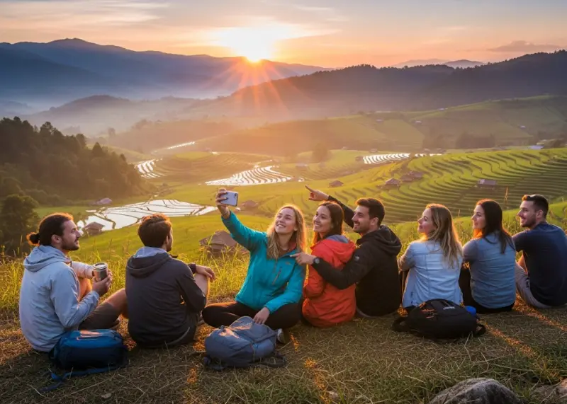 Travelers watching sunrise on a hill overlooking rice fields in the Philippines.