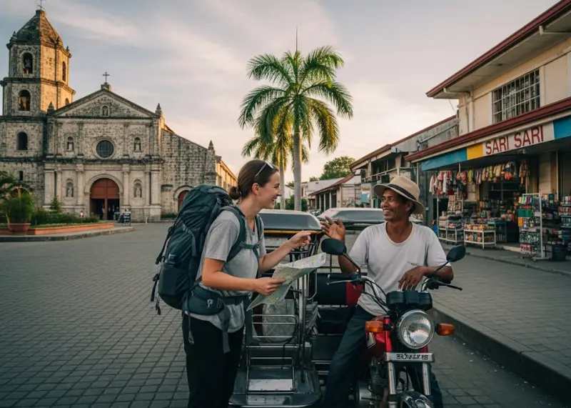 Traveler asking directions from a tricycle driver in a small town in the Philippines.