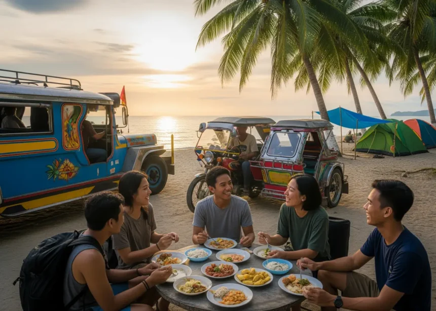 Filipino backpackers riding jeepneys, eating carinderia meals, camping, and using GCash—capturing budget travel in the Philippines.