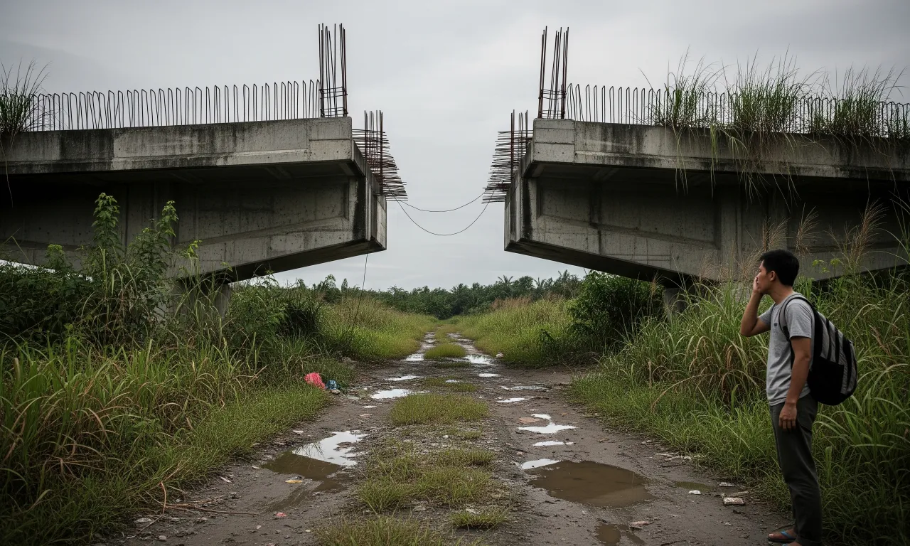 A half-finished, abandoned public works project overgrown with weeds, symbolizing the problem of unfinished infrastructure in the Philippines.