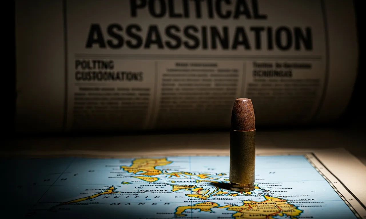 A rusty bullet on a map of the Philippines, symbolizing the country's unsolved political assassinations.