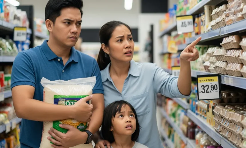 pinoy family inflation struggle A Filipino family worried about the high prices of groceries in a supermarket, symbolizing the struggle with inflation.