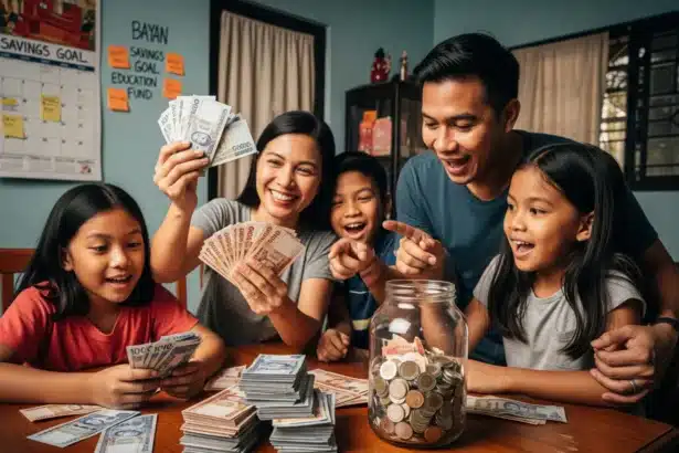 A Filipino family counting peso bills and coins beside a savings jar labeled “₱100K Ipon Challenge.”