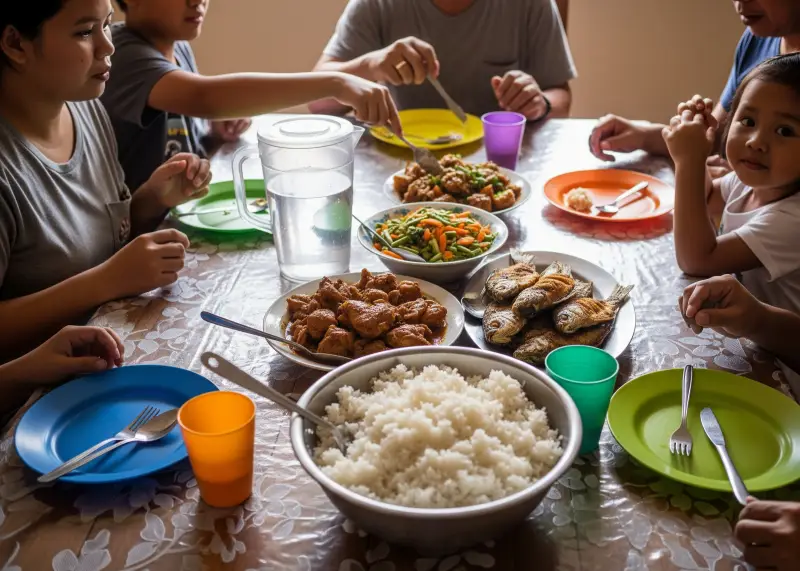 Filipino family meal with rice at the center of the table.