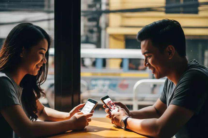 Filipino couple smiling while checking a dating app in a Manila café