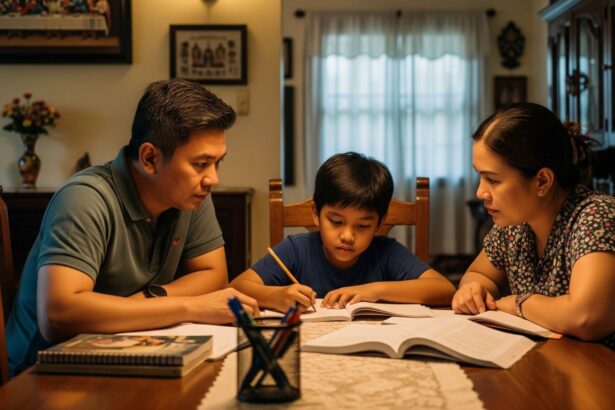 Filipino parents guiding their children with a mix of discipline and affection.