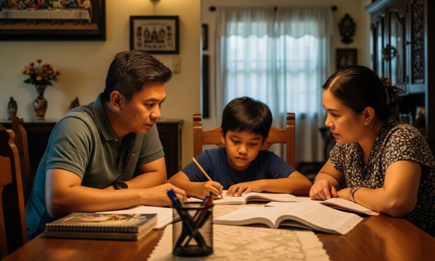 Filipino parents guiding their children with a mix of discipline and affection.