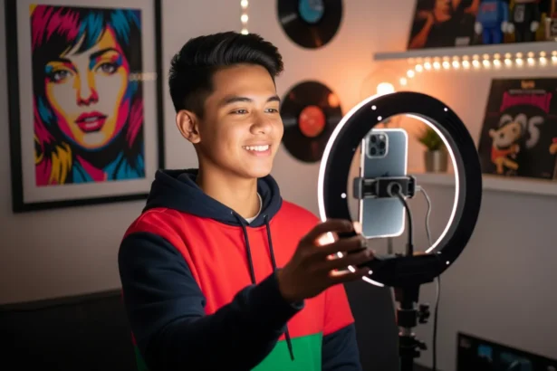 A young Filipino TikTok creator filming a video, symbolizing the rise of a new generation of content creators.