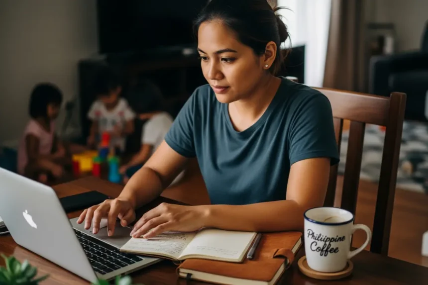Filipino working from a home office, laptop and coffee on desk, kids playing in background.