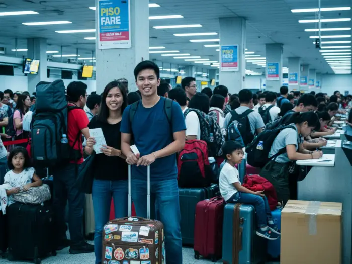 Filipino travelers lining up at NAIA Terminal 3 during a Piso Fare promo flight.