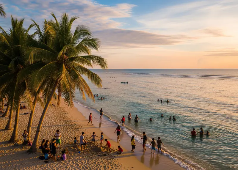 Drone view of families and kids enjoying a public beach at sunset in the Philippines.