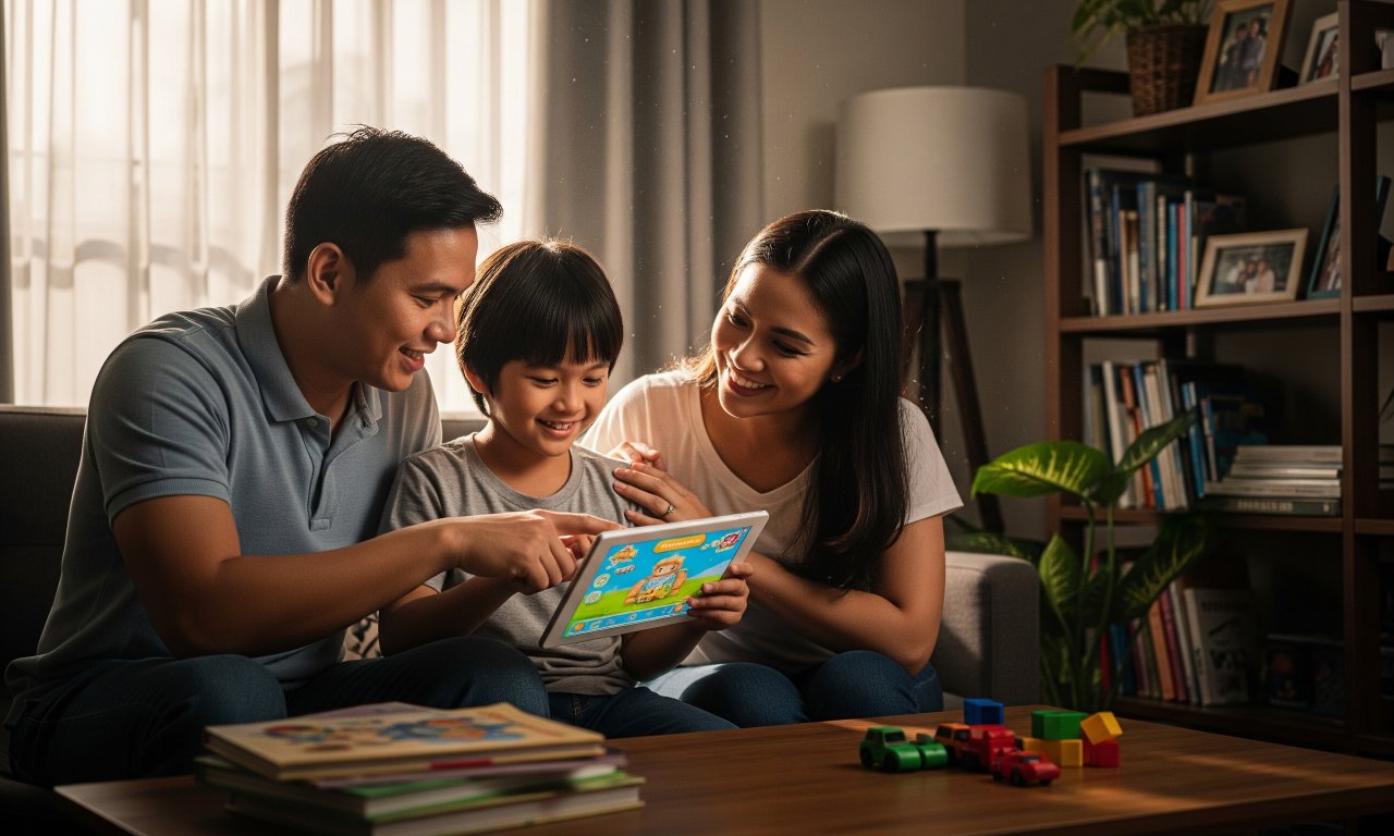 Parents guiding their child on a tablet while balancing play and learning in the digital age.