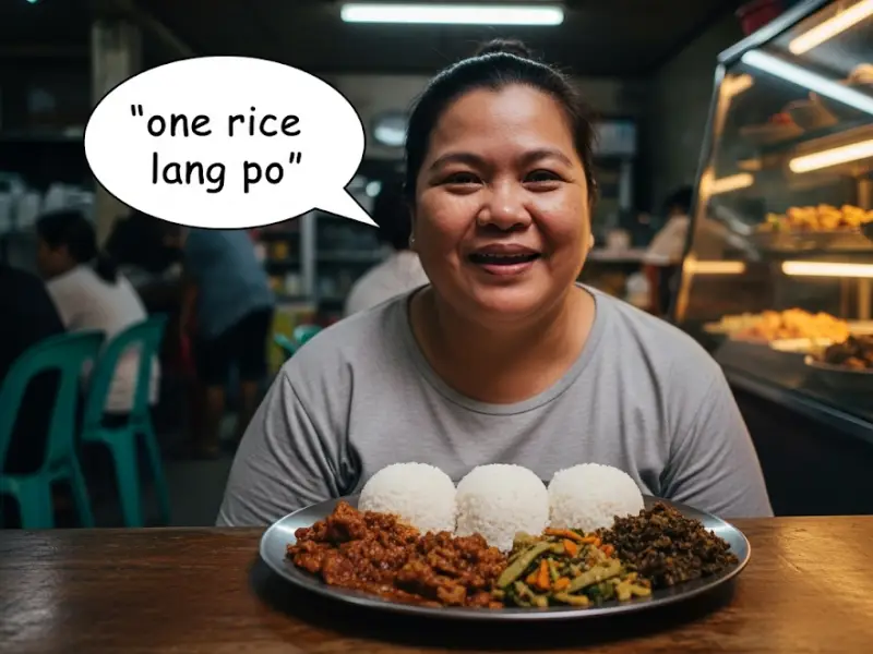 Filipino man at a carinderia choosing less rice with his meal.