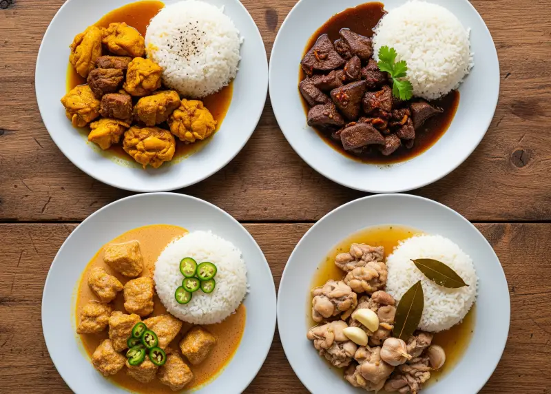 Different Filipino regional adobo variations served on a wooden table with rice.