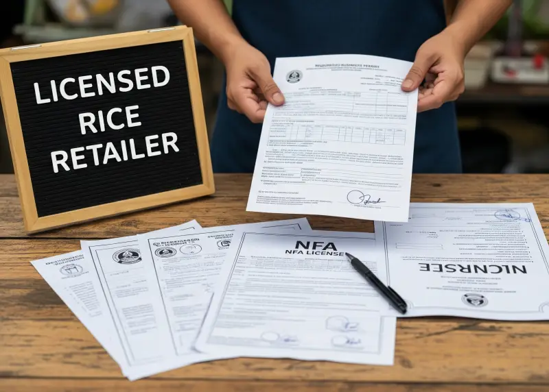 Rice store’s business and NFA permits displayed on a table with a signboard.