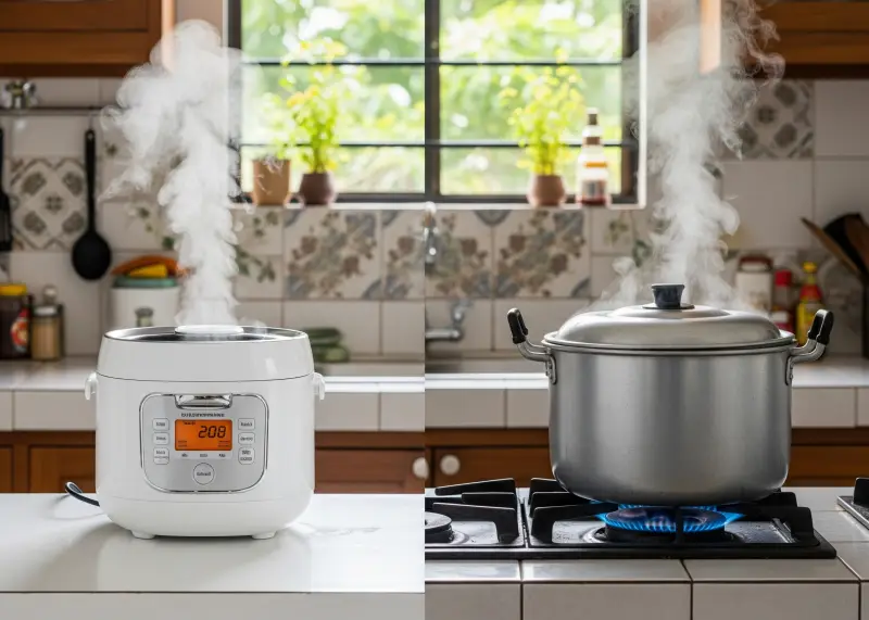 Rice cooker beside a kaldero on a gas stove in a Filipino kitchen.