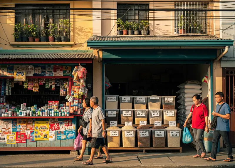 Neighborhood rice retailer beside a sari-sari store in a Filipino barangay.